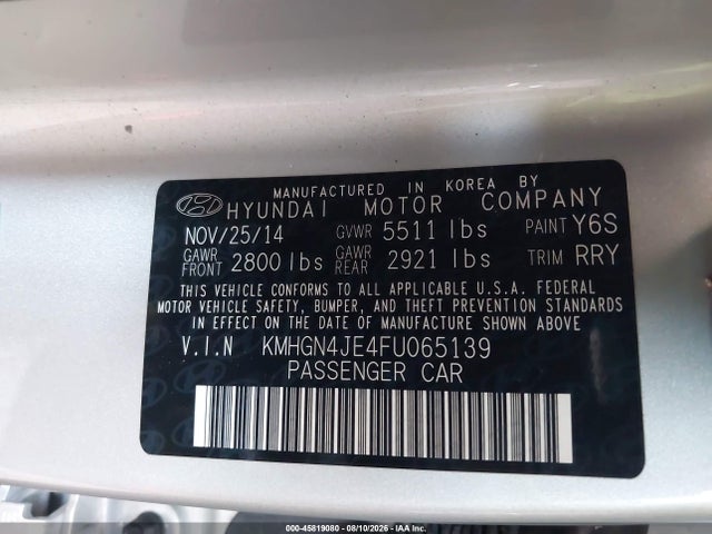 Продажа на аукционе авто 2015 Hyundai Genesis 3.8, vin: KMHGN4JE4FU065139, номер лота: 45819080