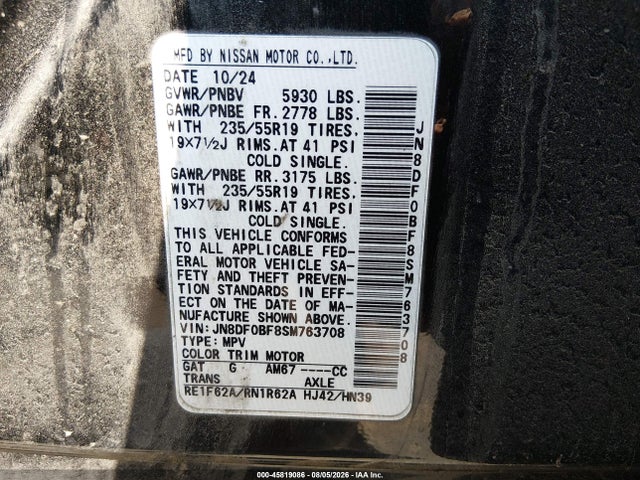 Aukcja sprzedaży 2025 Nissan Aryia, vin: JN8DF0BF8SM763708, numer aukcji: 45819086