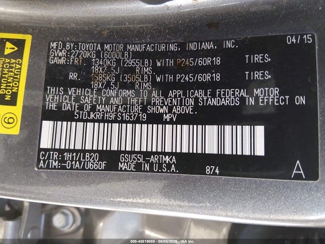Toyota Highlander Xle V6 2015 5TDJKRFH9FS163719 Image 9