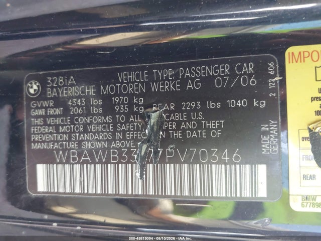 Продаж на аукціоні авто 2007 Bmw 328i, vin: WBAWB33577PV70346, номер лоту: 45819094