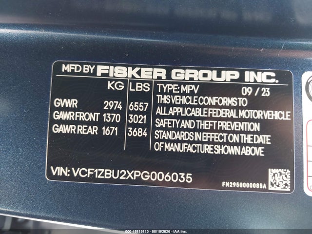 Продажа на аукционе авто 2023 Fisker Ocean One, vin: VCF1ZBU2XPG006035, номер лота: 45819110