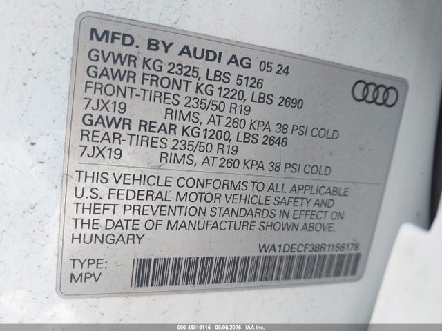 Aukcja sprzedaży 2024 Audi Q3 Premium 45 Tfsi S Line Quattro Tiptronic, vin: WA1DECF38R1156178, numer aukcji: 45819116