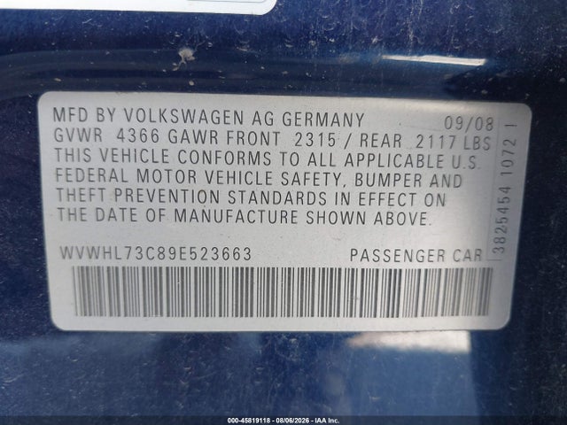 Продаж на аукціоні авто 2009 Volkswagen Cc Luxury, vin: WVWHL73C89E523663, номер лоту: 45819118