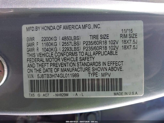 Продаж на аукціоні авто 2016 Acura Rdx Advance Package, vin: 5J8TB3H74GL011989, номер лоту: 45819121