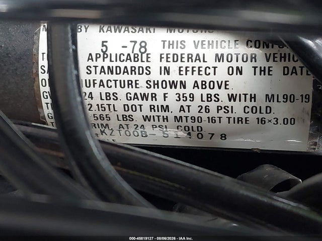 1978 Kawasaki Kz1000 მანქანა იყიდება აუქციონზე, vin: KZT00B514078, აუქციონის ნომერი: 45819127