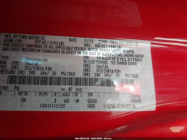 Ford FOCUS SE 2014 1FADP3F21EL217561 Image 9