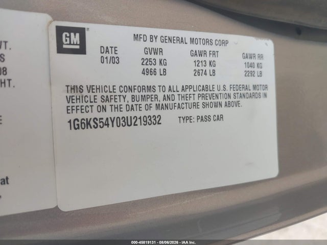 Продажа на аукционе авто 2003 Cadillac Seville Sls, vin: 1G6KS54Y03U219332, номер лота: 45819131
