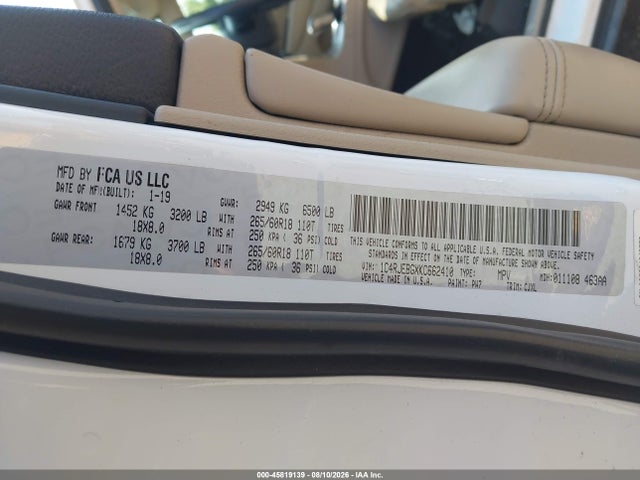 45819139 :رقم المزاد ، 1C4RJEBGXKC662410 vin ، 2019 Jeep Grand Cherokee Limited 4x2 مزاد بيع
