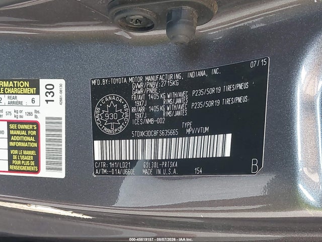 5TDXK3DC8FS635665 Toyota Sienna Se 8 Passenger