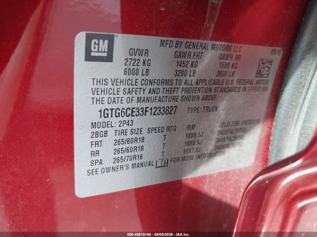 Продаж на аукціоні авто 2015 Gmc Canyon 4wd Slt, vin: 1GTG6CE33F1233827, номер лоту: 45819160