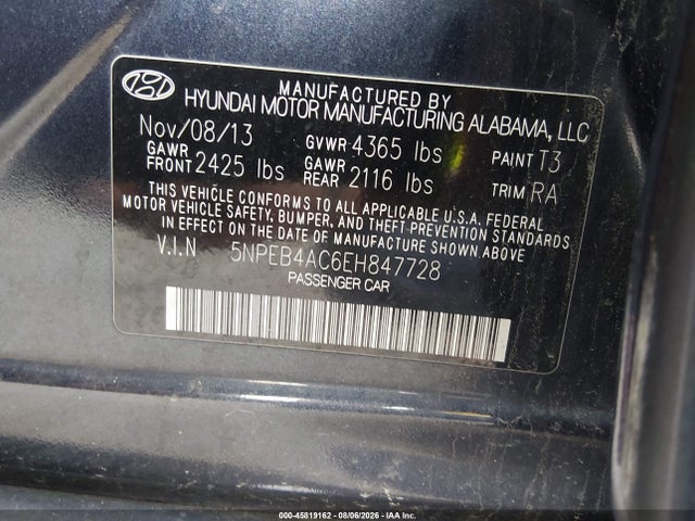 45819162 :رقم المزاد ، 5NPEB4AC6EH847728 vin ، 2014 Hyundai Sonata Gls مزاد بيع