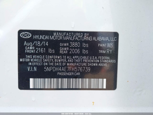 Продажа на аукционе авто 2015 Hyundai Elantra Se, vin: 5NPDH4AE7FH576739, номер лота: 45819166