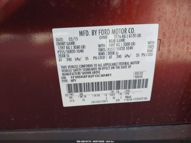 Ford Explorer Limited 2015 1FM5K8F82FGC40481 Image 9