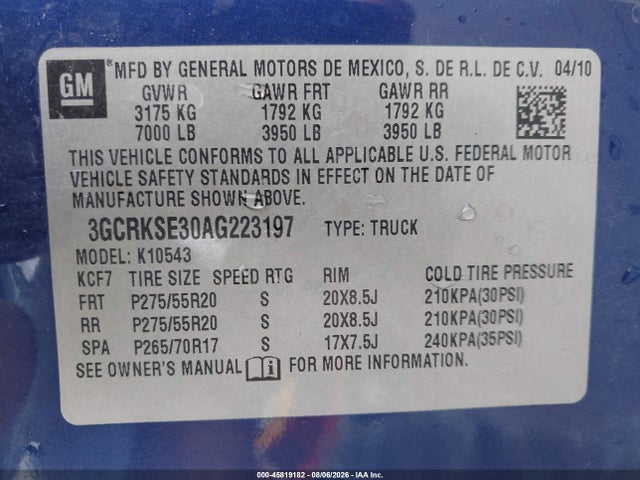 Aukcja sprzedaży 2010 Chevrolet Silverado 1500 Lt, vin: 3GCRKSE30AG223197, numer aukcji: 45819182