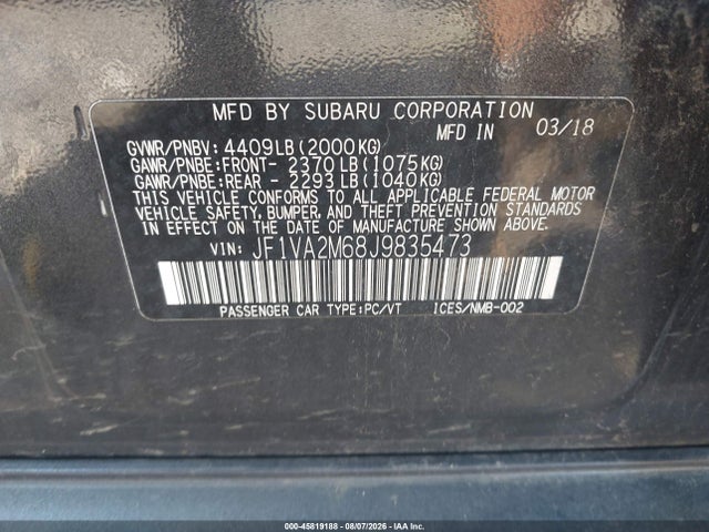 Aukcja sprzedaży 2018 Subaru Wrx Sti, vin: JF1VA2M68J9835473, numer aukcji: 45819188