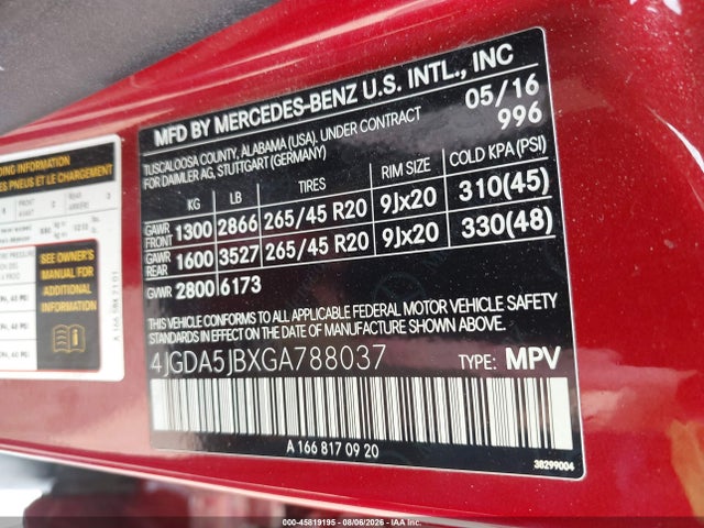Aukcja sprzedaży 2016 Mercedes-benz Gle 350, vin: 4JGDA5JBXGA788037, numer aukcji: 45819195