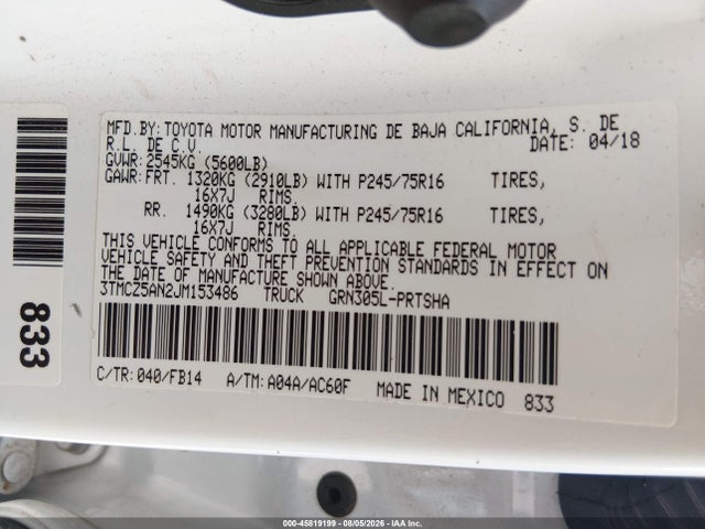 Продаж на аукціоні авто 2018 Toyota Tacoma Sr V6, vin: 3TMCZ5AN2JM153486, номер лоту: 45819199