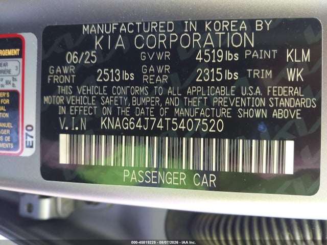 Aukcja sprzedaży 2026 Kia K5 Gt-line Awd, vin: KNAG64J74T5407520, numer aukcji: 45819225