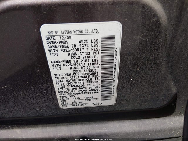45819226 :رقم المزاد ، JN8AS5MV9AW121386 vin ، 2010 Nissan Rogue Sl مزاد بيع