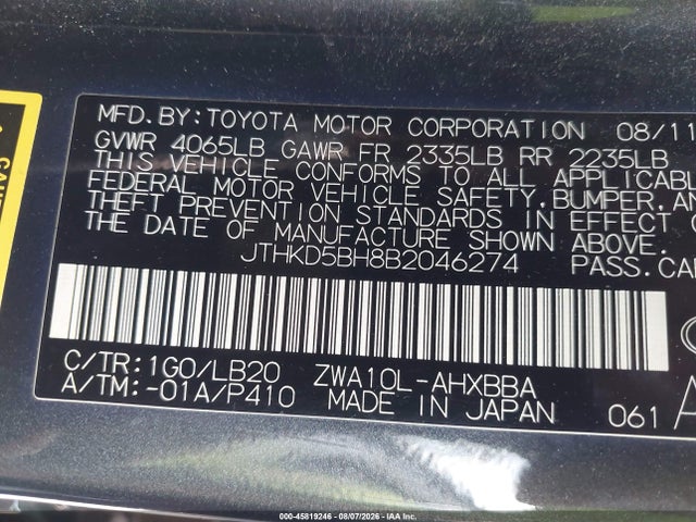 45819246 :رقم المزاد ، JTHKD5BH8B2046274 vin ، 2011 Lexus Ct 200h Premium مزاد بيع
