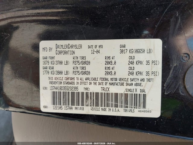 45819249 :رقم المزاد ، 1D7HA18D35S232395 vin ، 2005 Dodge Ram 1500 Slt/laramie مزاد بيع