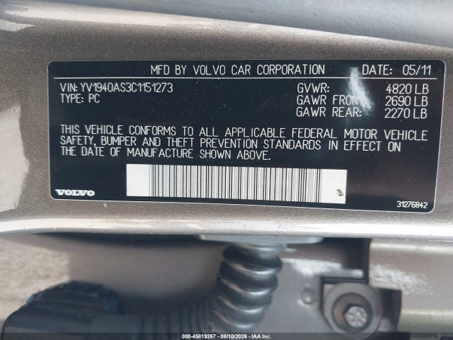 Продажа на аукционе авто 2012 Volvo S80 3.2l Premier Plus, vin: YV1940AS3C1151273, номер лота: 45819267