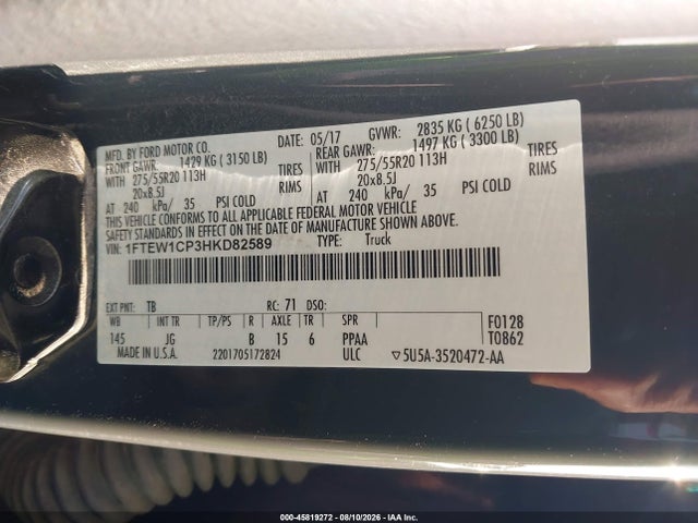 1FTEW1CP3HKD82589 Ford F-150 Lariat/xl/xlt