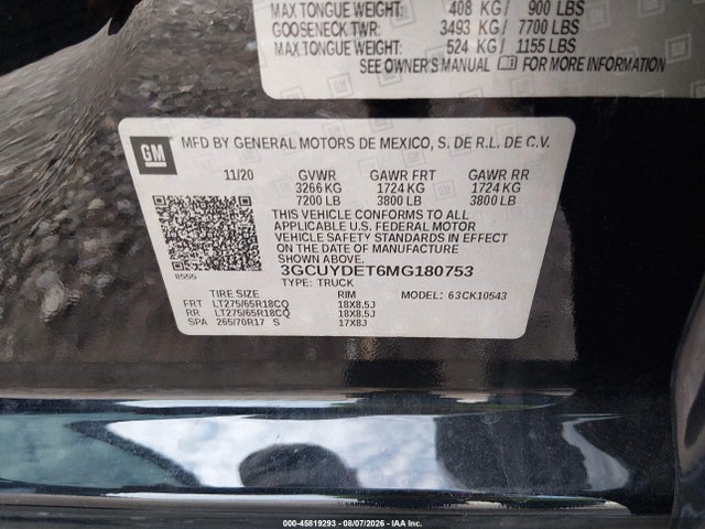Продаж на аукціоні авто 2021 Chevrolet Silverado 1500 4wd  Short Bed Lt, vin: 3GCUYDET6MG180753, номер лоту: 45819293