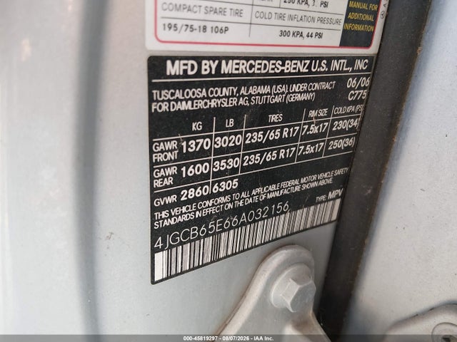 45819297 :رقم المزاد ، 4JGCB65E66A032156 vin ، 2006 Mercedes-benz R 350 4matic مزاد بيع