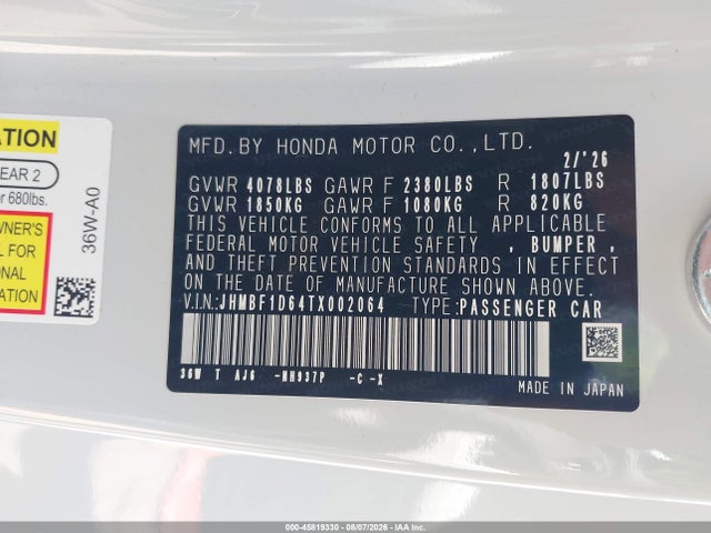 2026 Honda Prelude მანქანა იყიდება აუქციონზე, vin: JHMBF1D64TX002064, აუქციონის ნომერი: 45819330