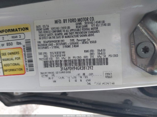 45819332 :رقم المزاد ، 3FA6P0H94GR381392 vin ، 2016 Ford Fusion Se مزاد بيع
