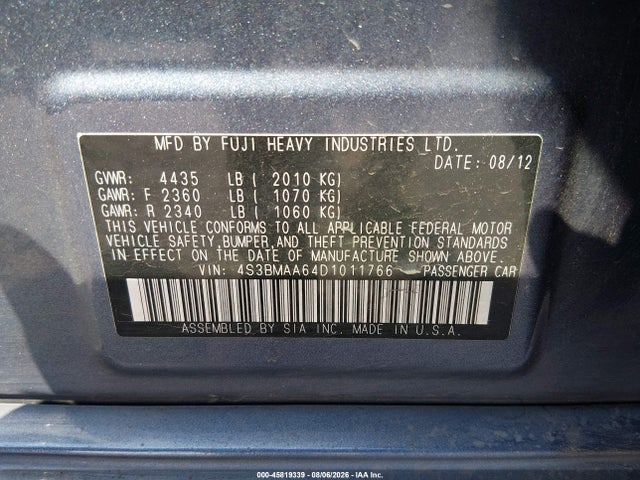 2013 Subaru Legacy 2.5i მანქანა იყიდება აუქციონზე, vin: 4S3BMAA64D1011766, აუქციონის ნომერი: 45819339