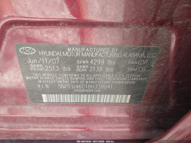 Продаж на аукціоні авто 2008 Hyundai Sonata Limited/se, vin: 5NPEU46C18H338041, номер лоту: 45819344