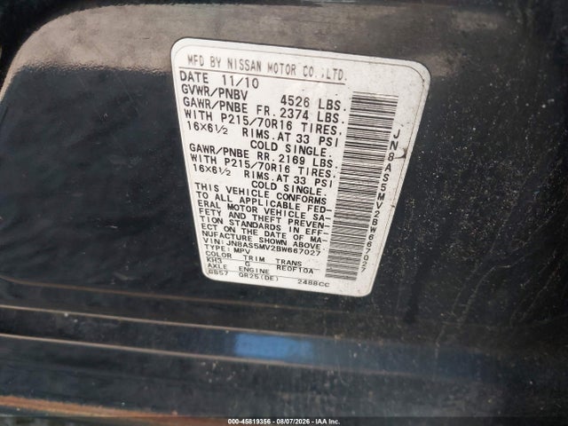 Aukcja sprzedaży 2011 Nissan Rogue S, vin: JN8AS5MV2BW667027, numer aukcji: 45819356