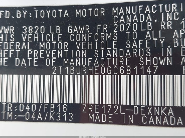 2016 Toyota Corolla Le Plus მანქანა იყიდება აუქციონზე, vin: 2T1BURHE0GC681147, აუქციონის ნომერი: 45819358