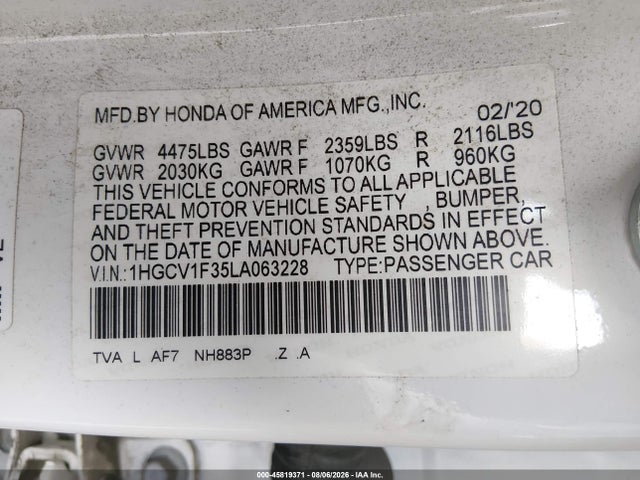 1HGCV1F35LA063228 Honda Accord Sport