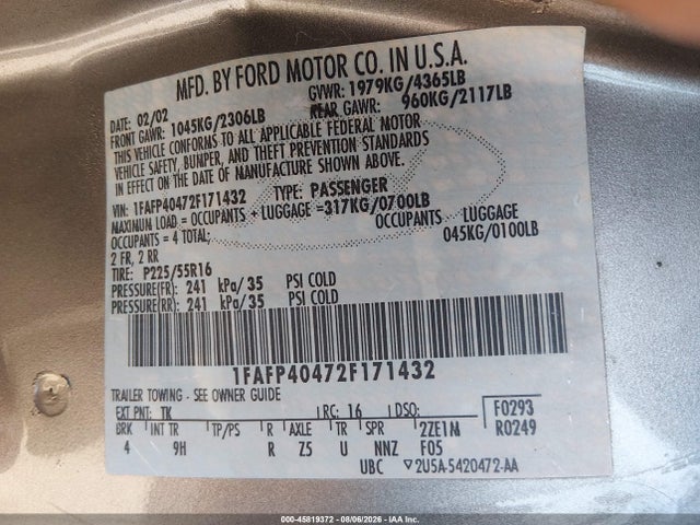 45819372 :رقم المزاد ، 1FAFP40472F171432 vin ، 2002 Ford Mustang Deluxe/premium/standard مزاد بيع