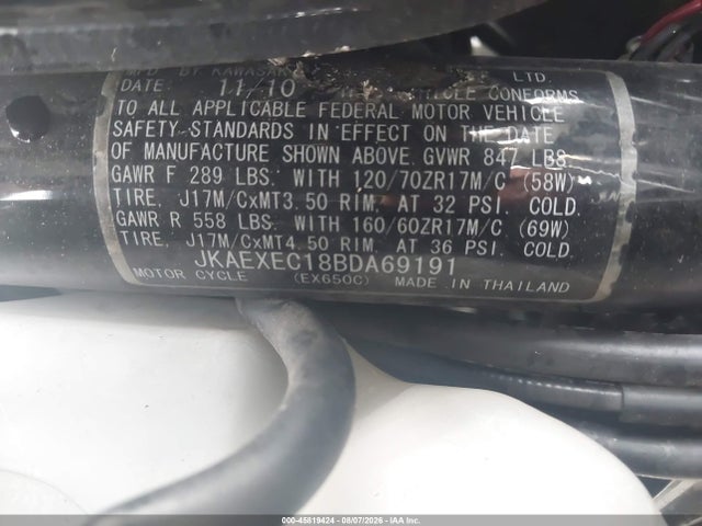 2011 Kawasaki Ex650 C მანქანა იყიდება აუქციონზე, vin: JKAEXEC18BDA69191, აუქციონის ნომერი: 45819424