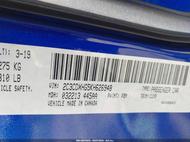 Auction sale of the 2019 Dodge Charger Gt Rwd, vin: 2C3CDXHG5KH626948, lot number: 45819434