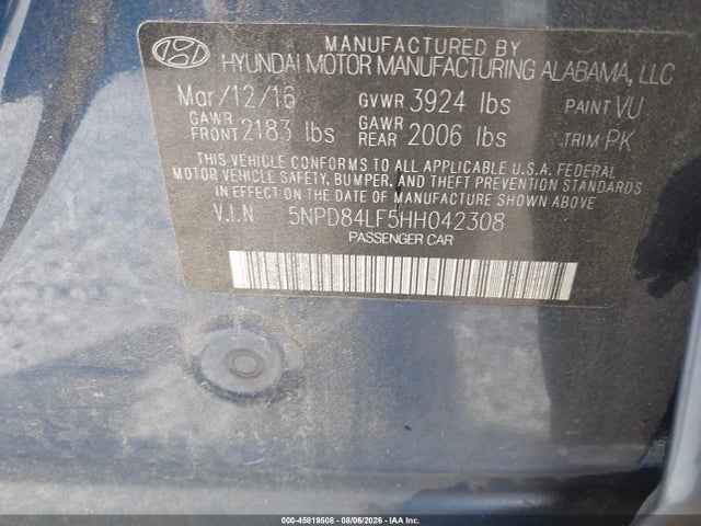 2017 Hyundai Elantra Se მანქანა იყიდება აუქციონზე, vin: 5NPD84LF5HH042308, აუქციონის ნომერი: 45819508