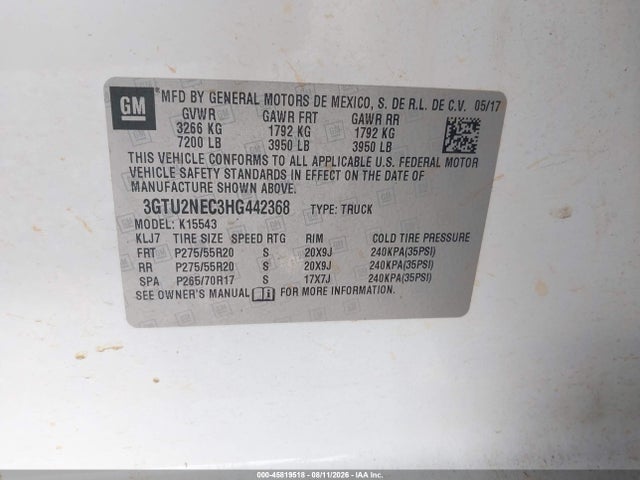 Aukcja sprzedaży 2017 Gmc Sierra 1500 Slt, vin: 3GTU2NEC3HG442368, numer aukcji: 45819518