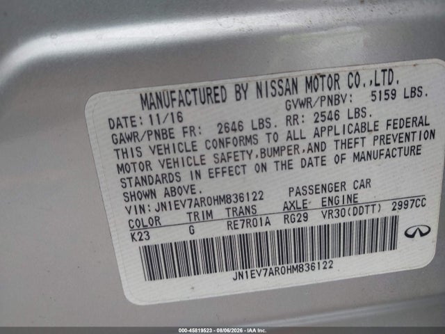 45819523 :رقم المزاد ، JN1EV7AR0HM836122 vin ، 2017 Infiniti Q50 3.0t Premium مزاد بيع