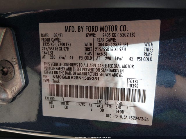 45819533 :رقم المزاد ، NM0GE9E28N1509251 vin ، 2022 Ford Transit Connect Xl Passenger مزاد بيع