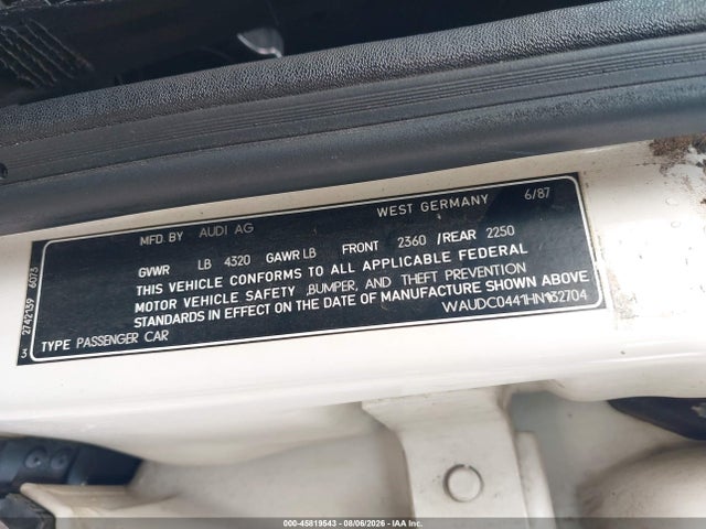 Продажа на аукционе авто 1987 Audi 5000 S Quattro, vin: WAUDC0441HN132704, номер лота: 45819543