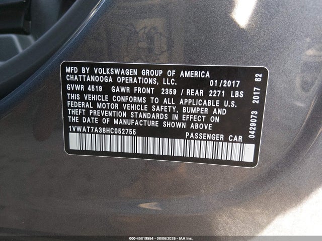 Продаж на аукціоні авто 2017 Volkswagen Passat 1.8t S, vin: 1VWAT7A38HC052755, номер лоту: 45819554