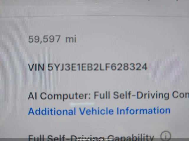 45819558 :رقم المزاد ، 5YJ3E1EB2LF628324 vin ، 2020 Tesla Model 3 Long Range Dual Motor All-wheel Drive مزاد بيع