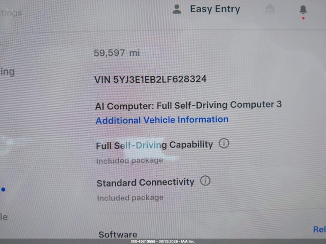 45819558 :رقم المزاد ، 5YJ3E1EB2LF628324 vin ، 2020 Tesla Model 3 Long Range Dual Motor All-wheel Drive مزاد بيع