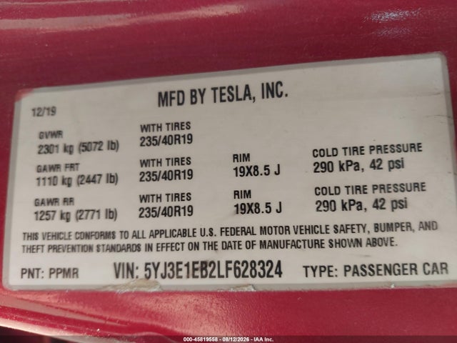 45819558 :رقم المزاد ، 5YJ3E1EB2LF628324 vin ، 2020 Tesla Model 3 Long Range Dual Motor All-wheel Drive مزاد بيع