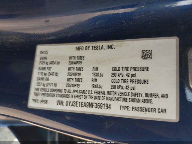 45819560 :رقم المزاد ، 5YJ3E1EA9NF369194 vin ، 2022 Tesla Model 3 Rear-wheel Drive مزاد بيع