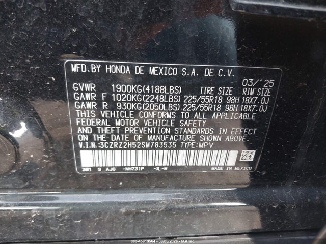 2025 Honda Hr-v Awd Sport მანქანა იყიდება აუქციონზე, vin: 3CZRZ2H52SM783535, აუქციონის ნომერი: 45819564